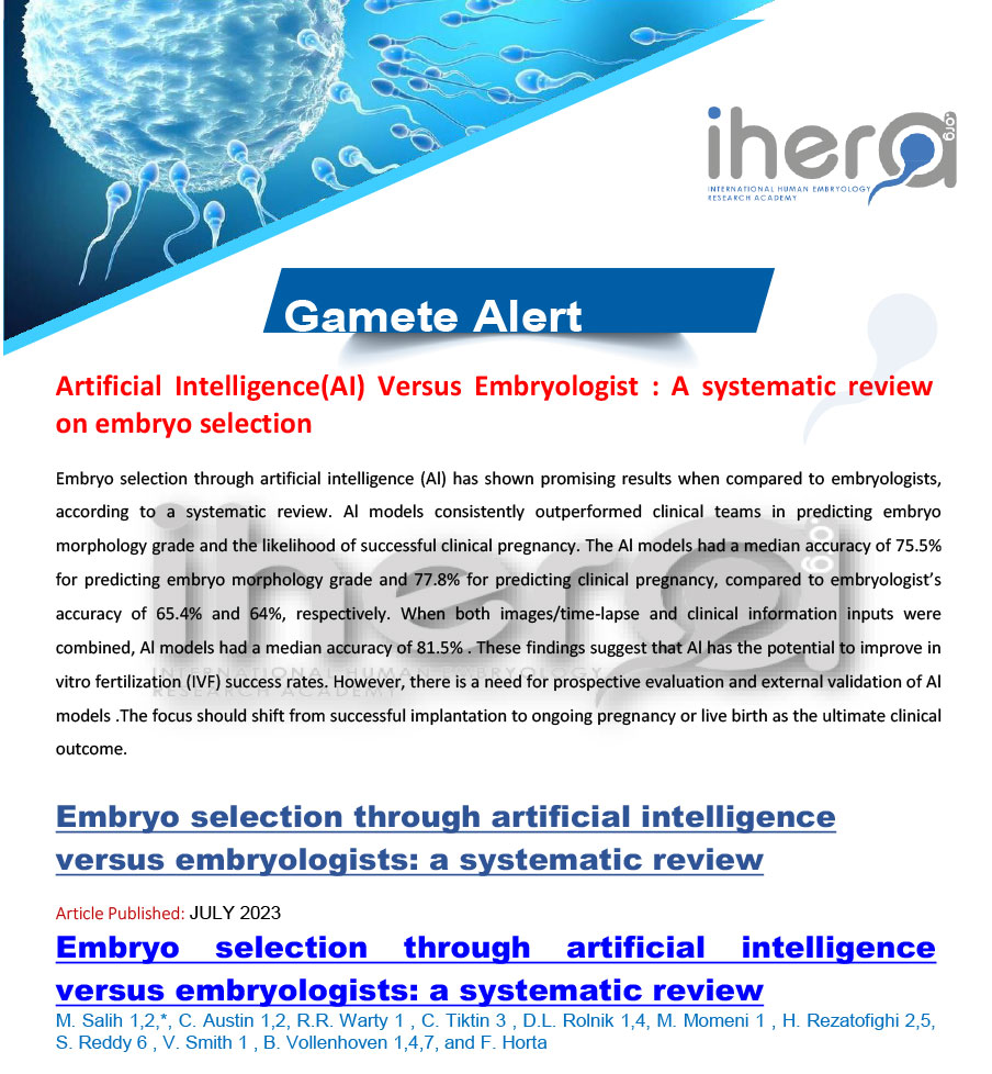 Systematic review comparing artificial intelligence (AI) with embryologists for embryo selection in IVF.