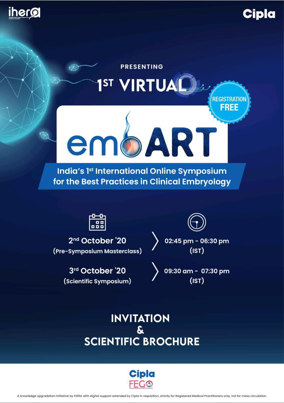 Promotional poster for embART 2020, India’s first virtual online symposium for clinical embryology.