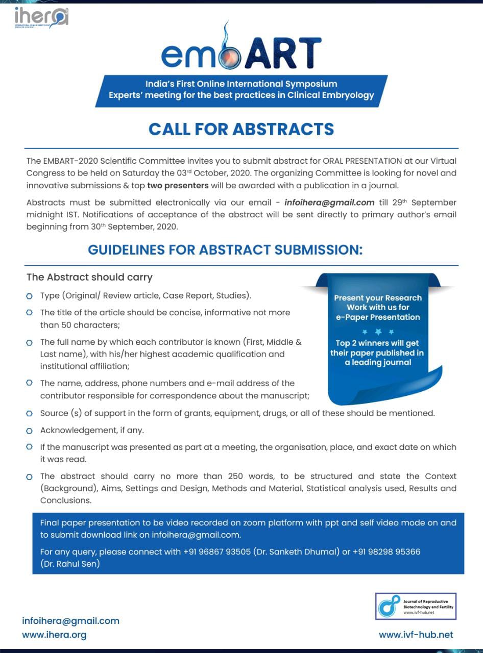 Call for abstracts for oral presentations at the embART 2020 virtual symposium on Clinical Embryology.
