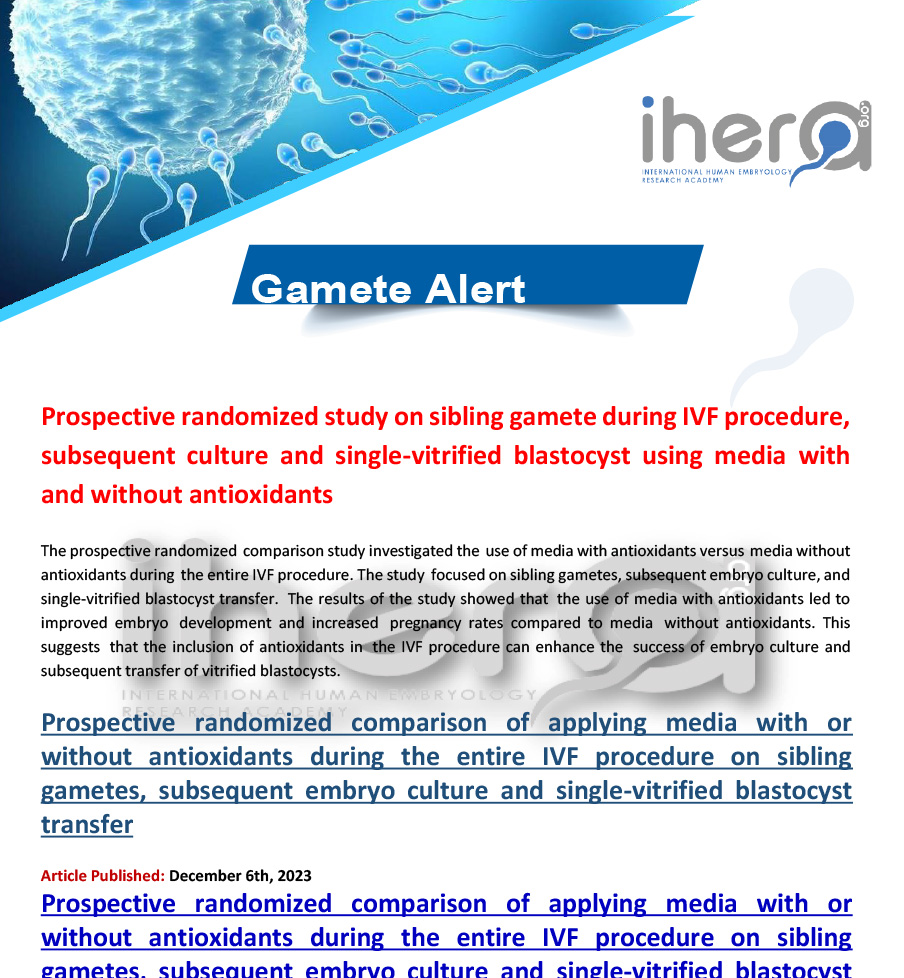 Study on the impact of media with and without antioxidants during IVF procedures, focusing on sibling gametes, embryo culture, and single-vitrified blastocyst transfer.