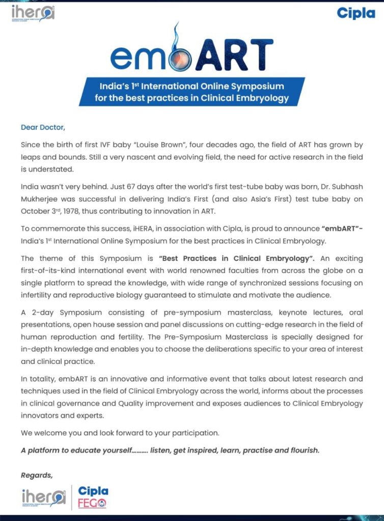 Invitation to the embART symposium in India on best practices in Clinical Embryology.