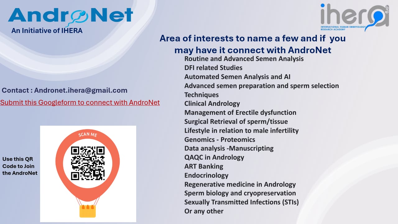 AndroNet initiative flyer listing areas of interest for male infertility and andrology-related research, with contact details and a QR code to connect.