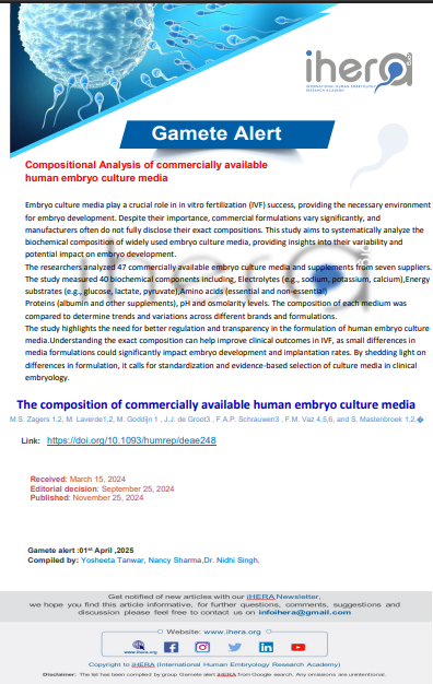 A newsletter titled "Gamete Alert" discussing a study on the compositional analysis of commercially available human embryo culture media. The study reviews different media and their biochemical components, offering insights into their variability and impact on embryo development.