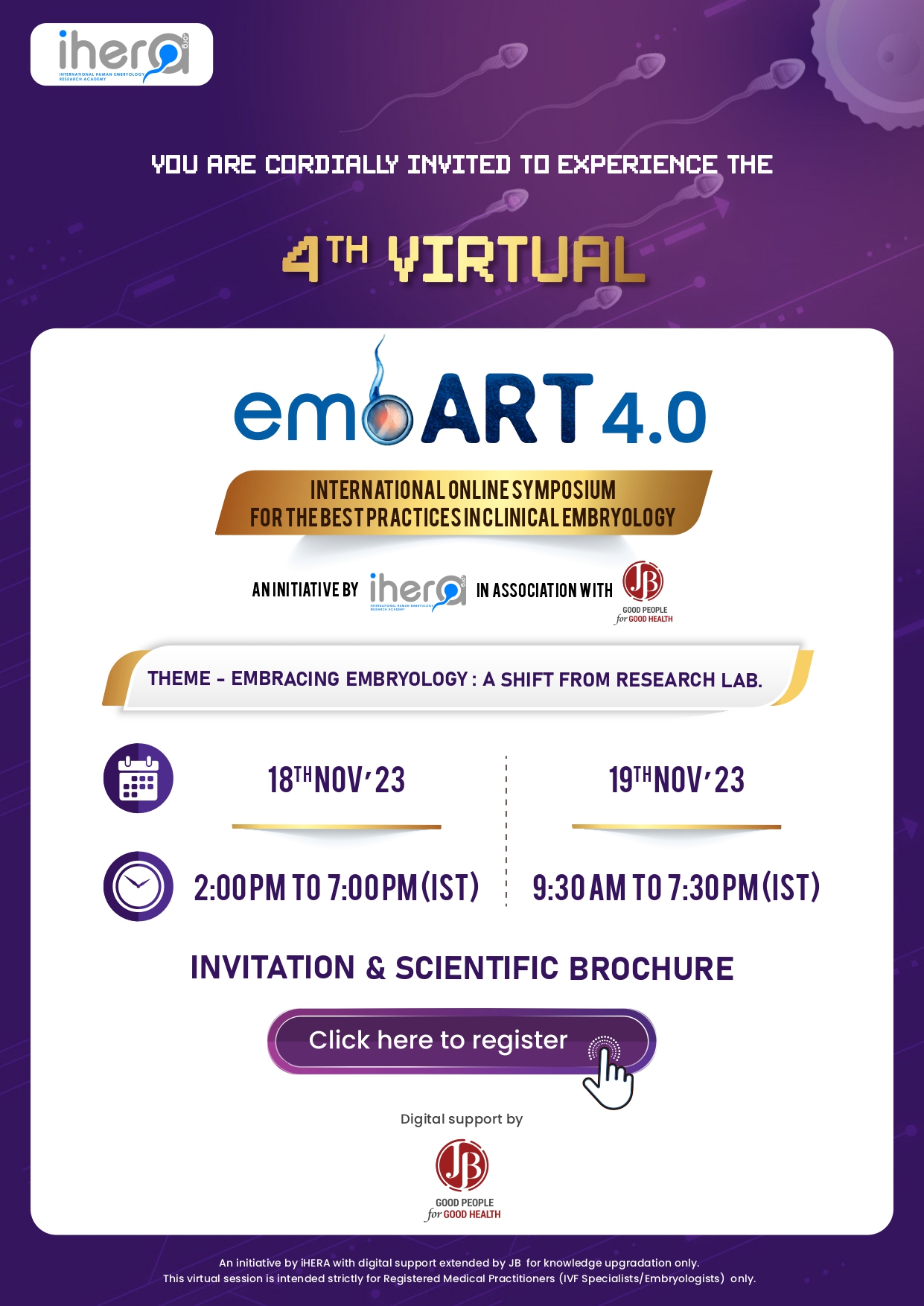 A digital invitation for the 4th Virtual EmoART 4.0 International Online Symposium on Clinical Embryology. The flyer includes event details such as the dates, times, and theme, along with registration instructions.