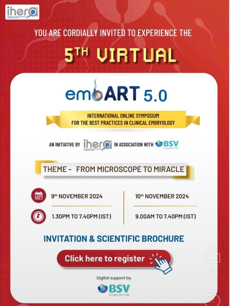 A digital invitation for the 5th Virtual EmoART 5.0 International Online Symposium on Clinical Embryology, with event details and registration information. The theme is "From Microscope to Miracle."